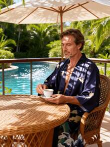 Men's Spring And Summer Oversized Printed Nightgown With Printed Traditional Japanese Elements Suitable For Home Wear - Dark Blue - View 3