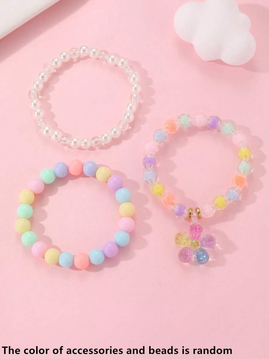 3pcs/Set Girls Colorful Beads Beaded Flower Pendant Bracelet Set Combination Suitable For Daily Decoration - Multicolor - View 1