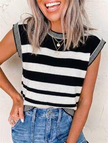 Summer Color Block Striped Knit Top Women's Sleeveless Crewneck Casual Beach Vacation Pullover Sweater - Black - View 1