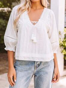 Women Summer Babydoll Blouses Casual Loose Tie-Up Tassel V Neck Bubble 3/4 Sleeve Going Out Tops For Daily Office - White - View 1