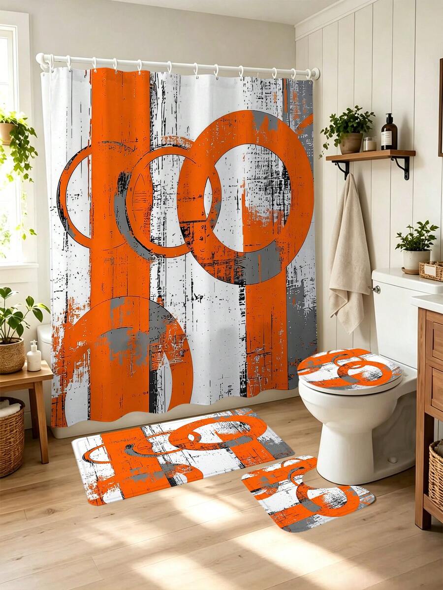 1/4pcs Modern Abstract Orange & Grey Bathroom Set, Suitable For YLTZ Products - Includes Shower Curtain, Bath Mat, U-Shaped Mat, Toilet Lid Cover And 12 Hooks, Size 70.87x70.87 Inches, Polyester Fiber Waffle Weave Machine Washable Decorative Set, Shower Curtain, Waffle Bath Curtain, Hook-Free Bath Curtain