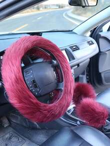 1set New Style Car Faux Wool Long Plush Steering Wheel Cover Handbrake Gear Shift Cover Decor 3pcs Set - Multicolor - View 1