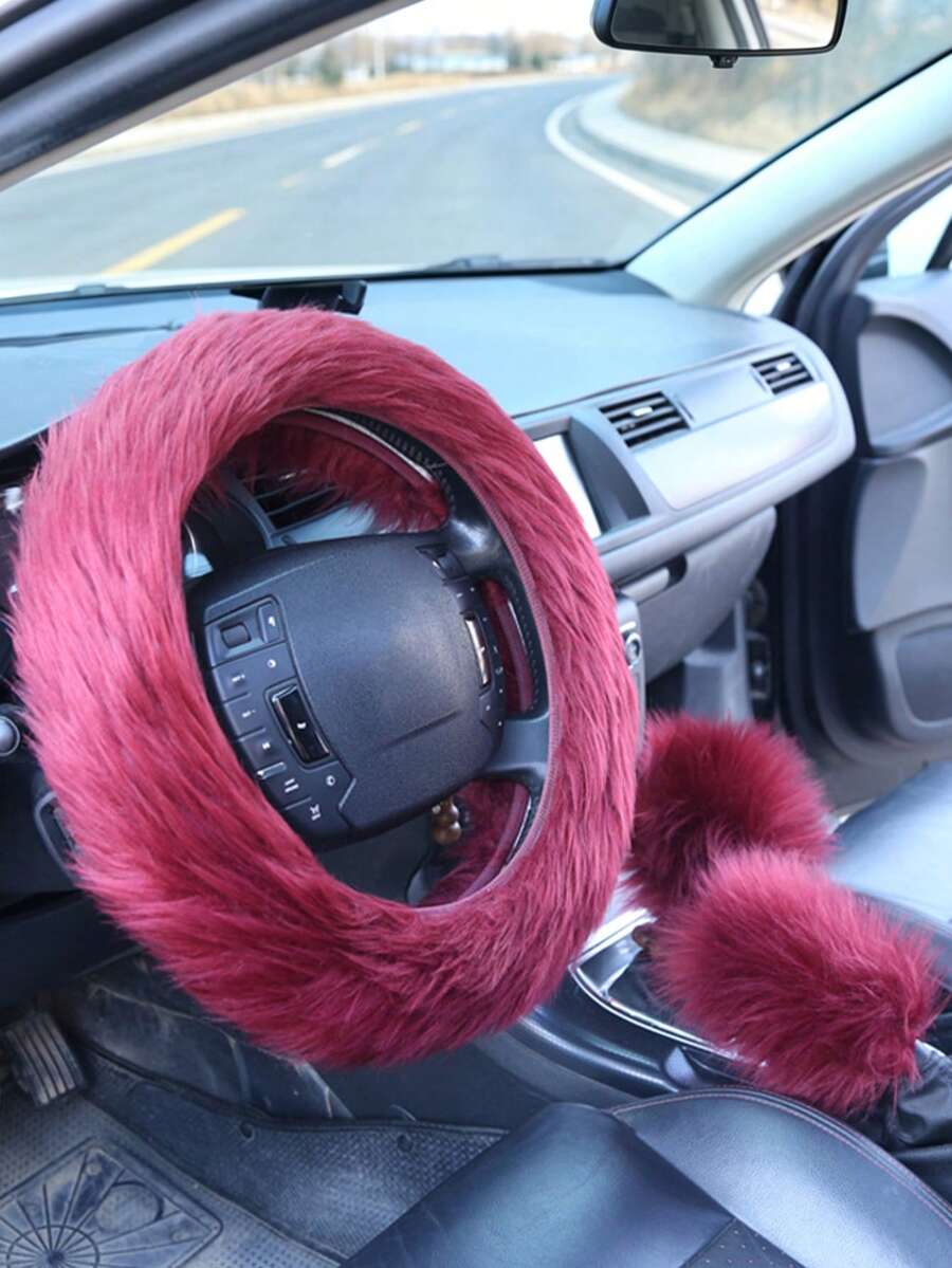 1set New Style Car Faux Wool Long Plush Steering Wheel Cover Handbrake Gear Shift Cover Decor 3pcs Set - Multicolor - View 1