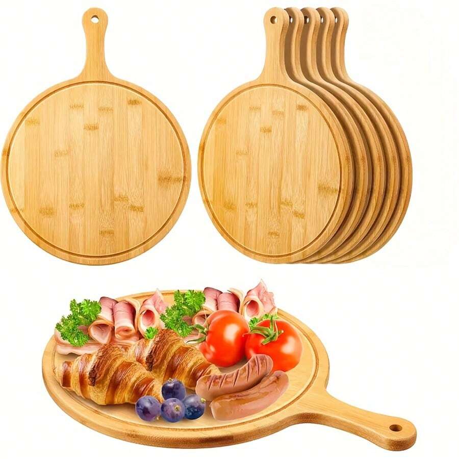 5Pcs 15*11 Inch Wooden Pizza Boards With Handles, Pizza Peel Serving Boards, Wood Cutting Board For Charcuterie, Cheese, Bread And Fruit, Multi-Purpose Kitchen Baking Tray, Housewarming & Holiday Gift - View 1