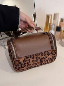 Vintage Leopard Print Patchwork Makeup Bag, Waterproof Transparent Toiletry Bag, Suede Leopard + Leather Patchwork Design, Paired With Transparent PVC Waterproof Wear-Resistant Double Zipper Closure Handbag, Can Store Skincare Products, Cosmetics, Suitable For Daily Storage, Short Trips, Lightweight Portable Storage Bag. - Brown - View 5