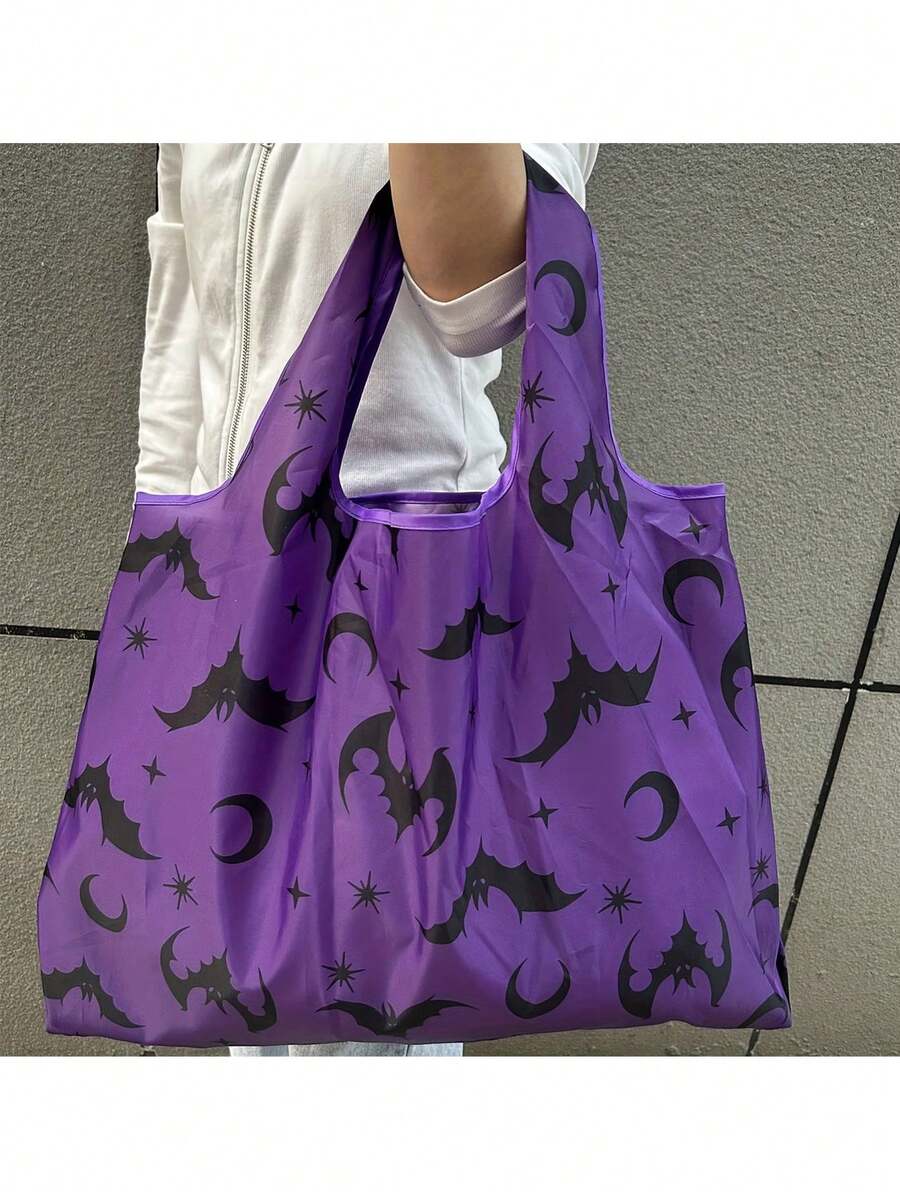 1pc Halloween Purple Bat Bag, Halloween Decoration Bag, Foldable Oxford Cloth Shopping Bag, Portable Storage Bag, Large Supermarket Grocery Bag, Suitable For Holiday Decoration And Home Decor - Multiple Styles - View 1