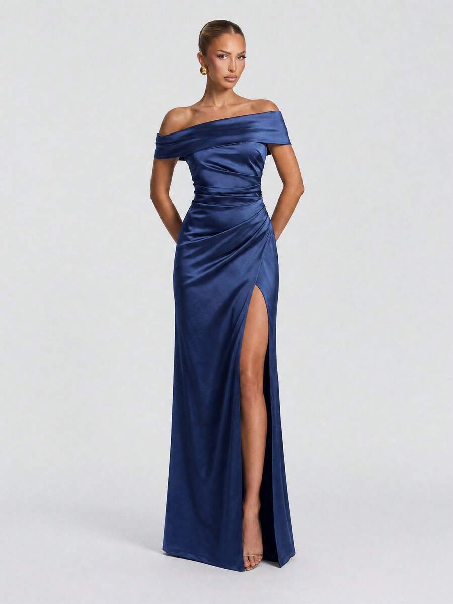 Off Shoulder Satin Slit Dress, Wedding Bridesmaid Gown, Christmas Party Dress, Elegant Spring - Navy Blue - View 1