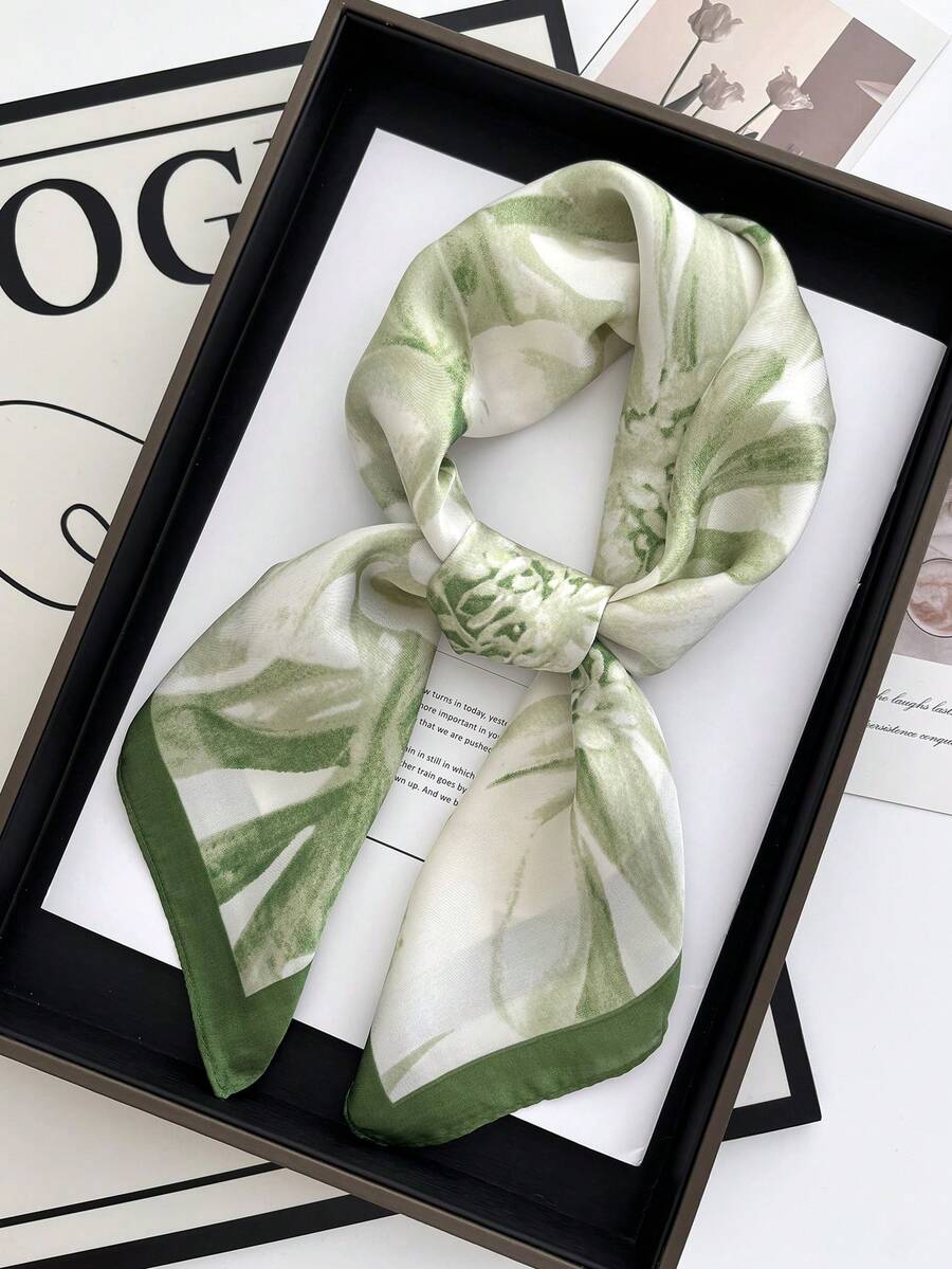1pc Faux Silk Printed Square Scarf Headband Hair Tie Fashion Multi-Functional Small Neck Scarf Suitable For Daily Use - Green - View 1
