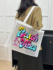 網格托特包與小包組，飾有彩色「海灘風格」圖案，包含1個托特包、1個海灘包、1個夏威夷風透明收納包、1個旅行盥洗包、1個海灘托特包、1個休閒度假包、1個化妝收納包，夏季必備，適合學校、度假、假期和返校，也是送給朋友和老師的絕佳禮物，生日禮物、派對禮物、夏季禮物、度假禮物、假期 - 彩色 - 查看 3