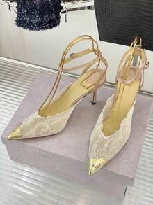 女款蕾絲尖頭細高跟性感 2026 春夏新款羅馬涼鞋 百搭上班鞋 - 杏色 - 查看 7