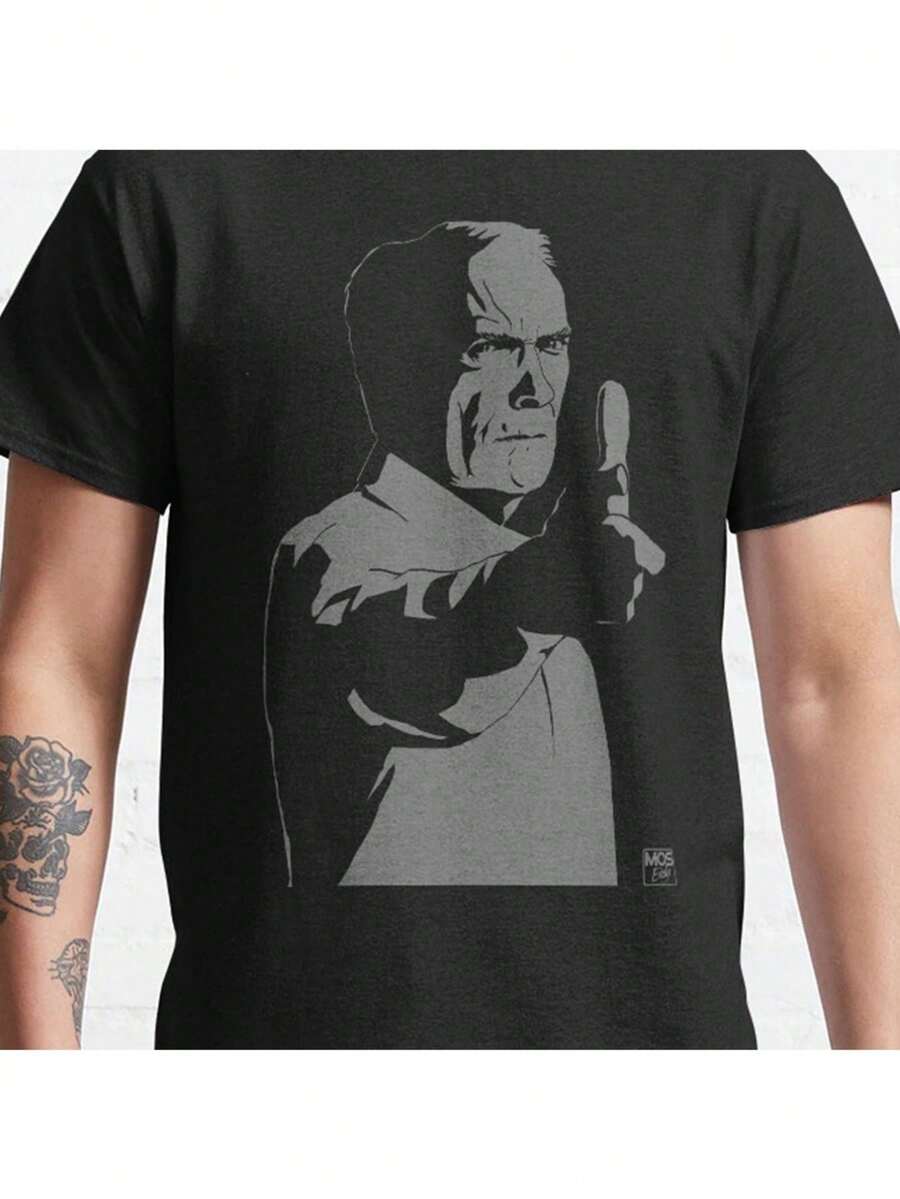 Men T Shirt Gran Torino - Iconic Face Pattern - 220Gram/Square Meter Short Sleeve,Thick Fabric,Minimalist Black And White Design,Machine Washable. - 黑色 - 查看 1