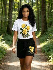 Women's Realistic Yellow Rose Bouquet Print Lounge Shorts Casual Loungewear Bottoms For Home Work Date Vacation Daily Commute Outfits - 短褲 - 查看 1
