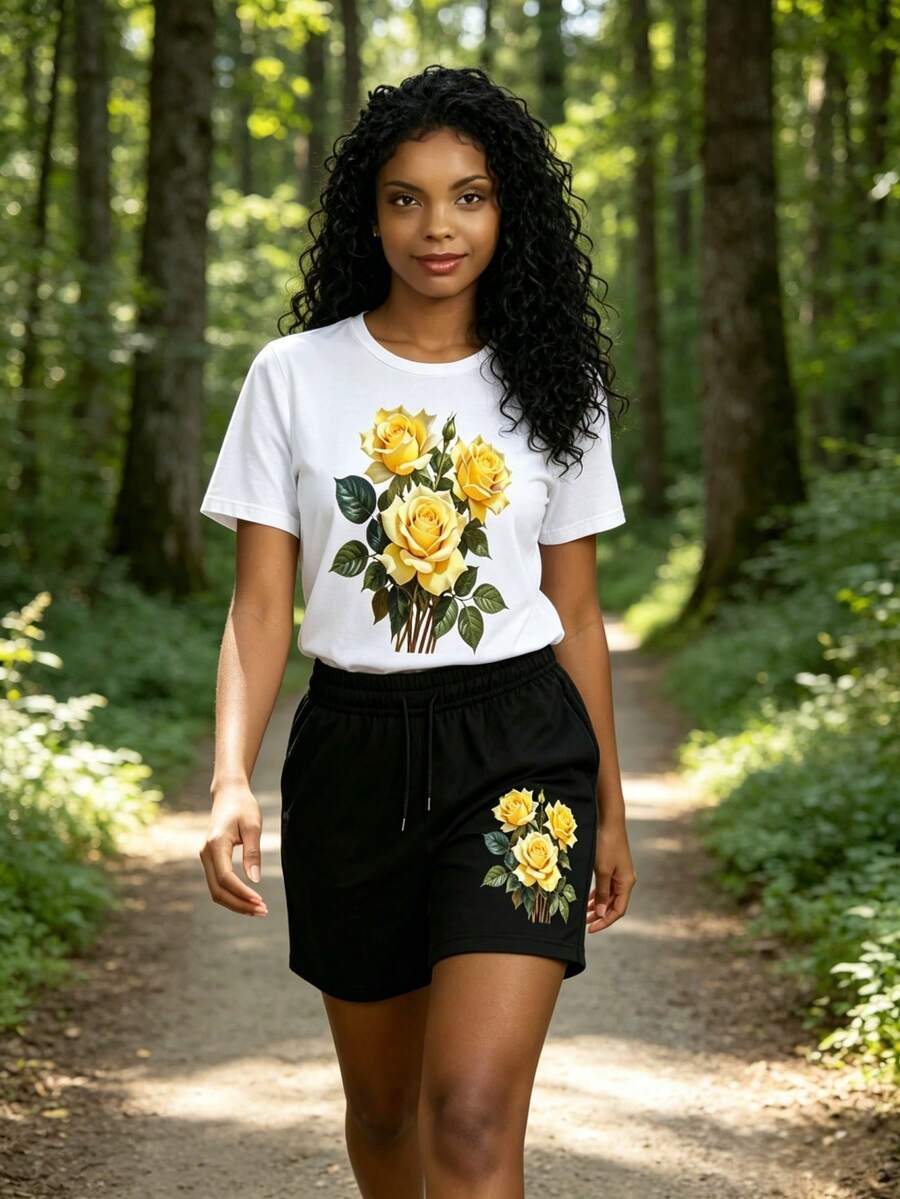 Women's Realistic Yellow Rose Bouquet Print Lounge Shorts Casual Loungewear Bottoms For Home Work Date Vacation Daily Commute Outfits - 短褲 - 查看 1