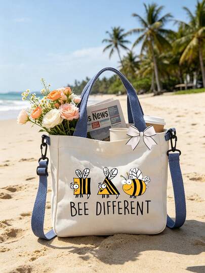 Bee Pattern Women's Tote Bag, Ribbon, Large Capacity Multifunctional Shoulder Bag, Lightweight Commuter Shopping Bag, Portable Daily Storage Tote Bag, Travel Bag, Beach Bag, Suitable For Work, School, Travel, Beach And Groceries, Teacher's Day, Graduation Souvenir, Back To School Season Gift, Thank You Teacher, Back To School Season, All Seasons