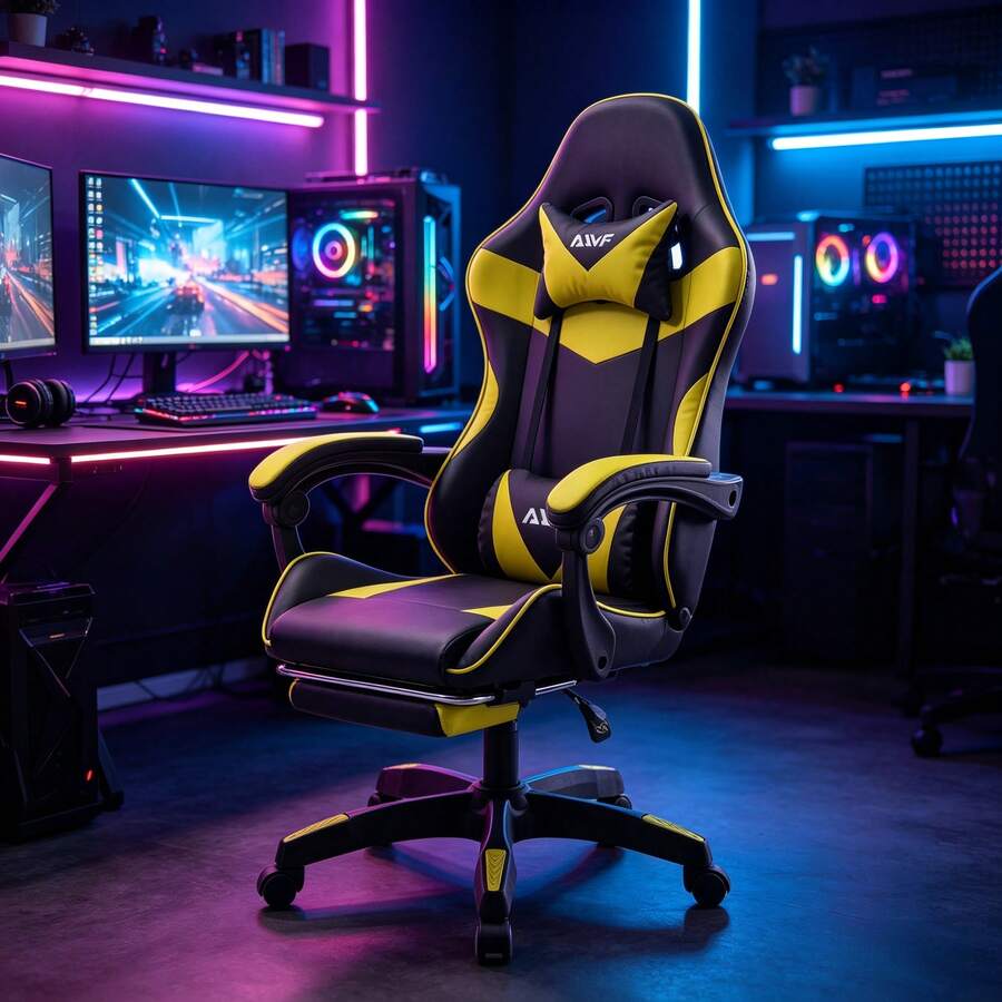Professional Gaming Chair With Footrest – Swivel Office Chair With Lumbar Support, Casters, And Desk Functionality – Suitable For Home Office And PC Gaming - Yellow - View 1