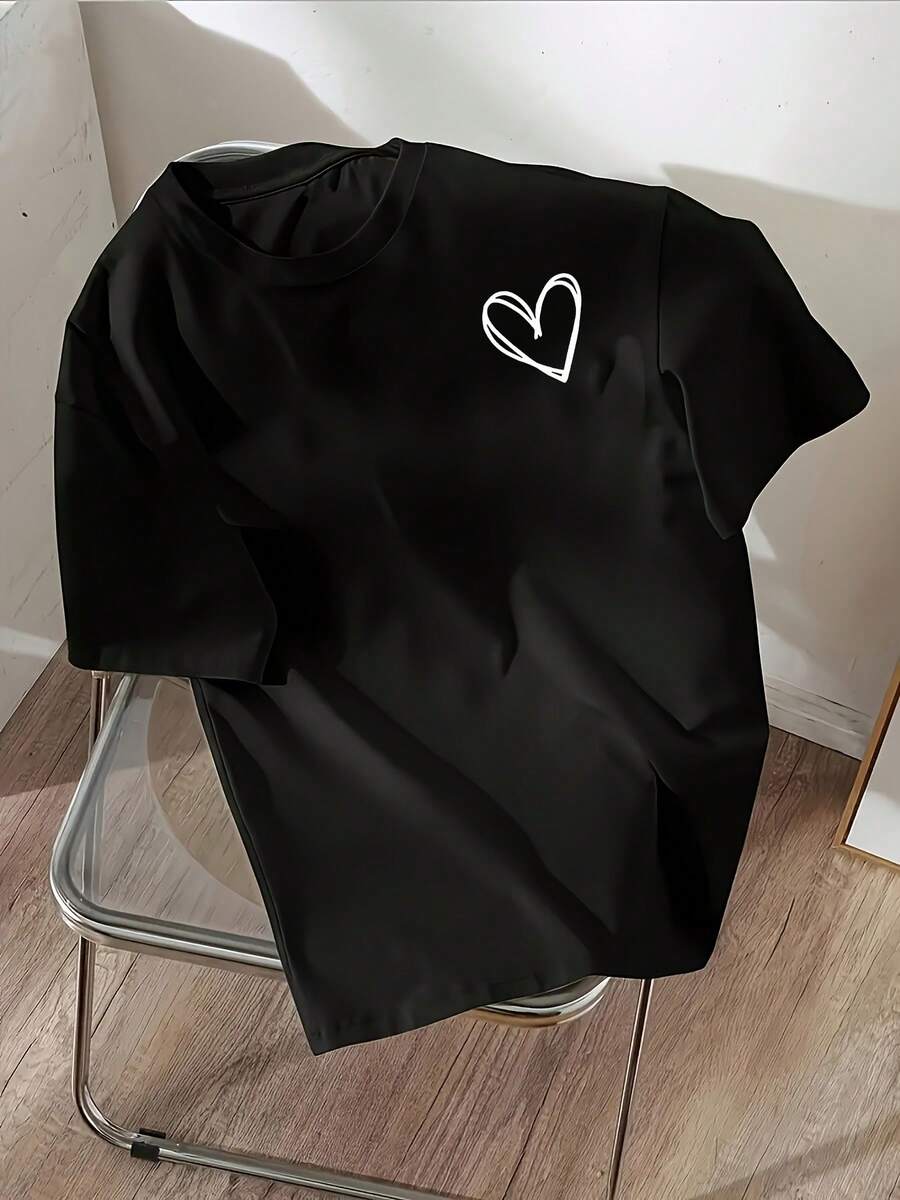 Tops,Women's Short-Sleeve Round-Neck Sports T-Shirt With Heart Print - 黑色 - 查看 1