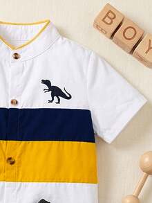 2pcs Young Boy Summer Clothes Set, Color Block Stand Collar Button Down Shirt And Shorts 2-Piece Outfits Cute Dinosaur Fashion Kids Suits 2-8T Back To School - Yellow - View 5