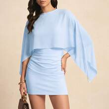 Solid Color Batwing Sleeve Patchwork Lightweight 2 In 1 Mini Dress For Evening Date, Vacation, Birthday Party, Daily Wear Elegant - Baby Blue - View 3