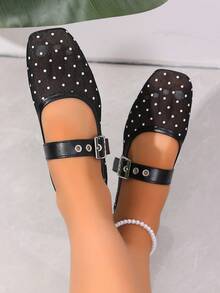 Zapatos Mary Jane de malla con lunares para mujer, primavera/verano, estilo vintage francés, punta cuadrada, correa única, zapatos planos para uso diario - Negro - Ver 5