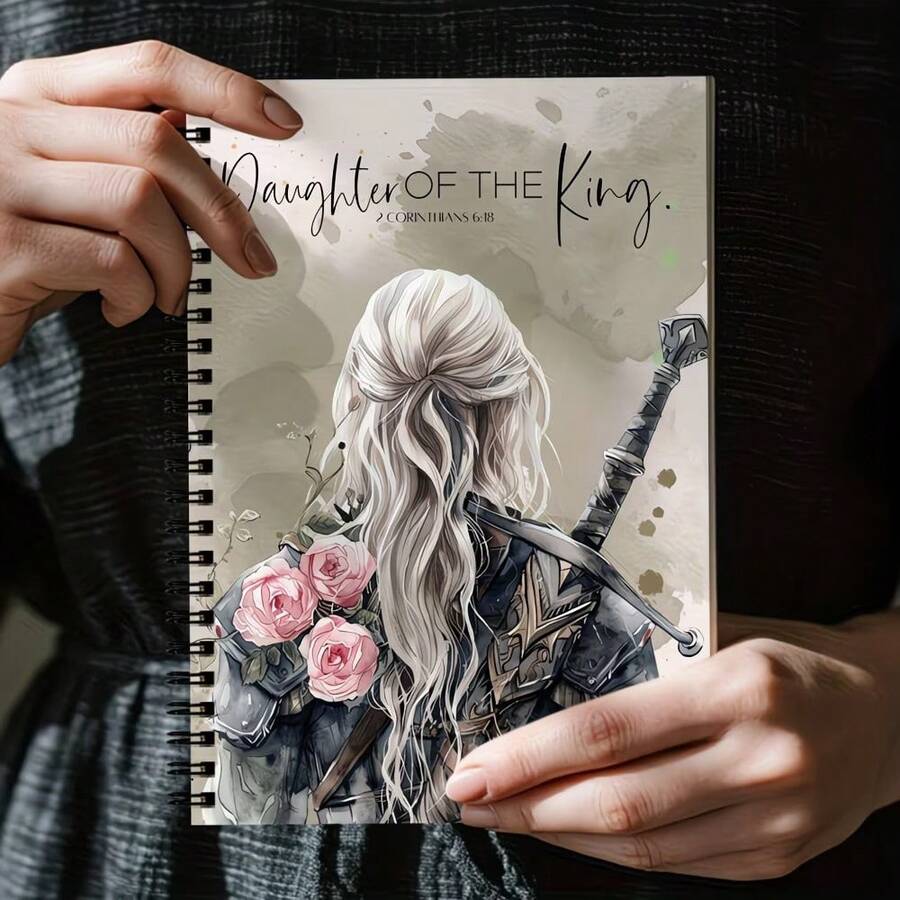 1pc Bible Verse Spiral Notebook Daughter Of The King - Inspirational Christian Scripture Journal For Women, Daily Prayer Gift, Bible Study Supplies For Note Taking, Fantasy Art Design With Armor And Roses - C - View 1