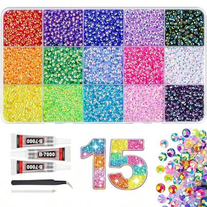 18000 Pcs Resin Jelly Rhinestones,15/24/28/40/42 Colors Flat Bottom Gems With Tweezer,3mm Bedazzling Kit With Glue,Multicolor Badazzle Kit With 3Pcs B7000 Jewelry Glue For Book,Shoes,Art,Cups,Clothing,Fabrics,Phone Cases,DIY Crafts Bedazzle Kit