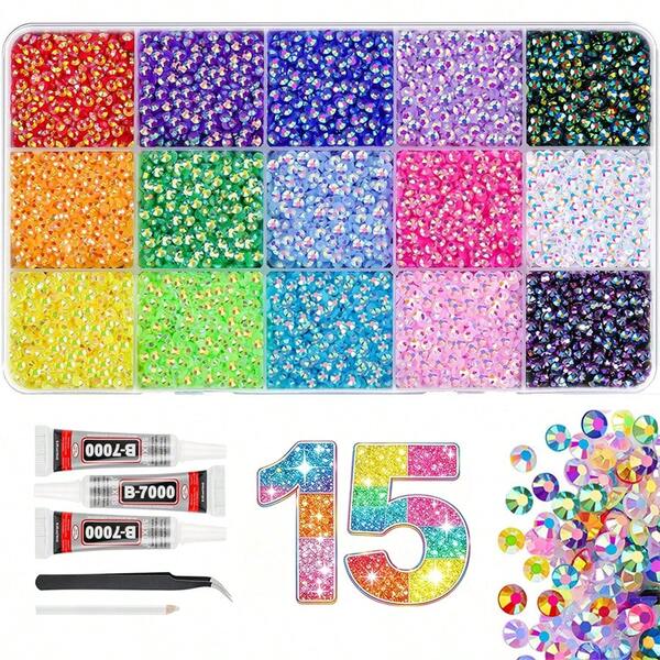 18000 Pcs Resin Jelly Rhinestones,15/24/28/40/42 Colors Flat Bottom Gems With Tweezer,3mm Bedazzling Kit With Glue,Multicolor Badazzle Kit With 3Pcs B7000 Jewelry Glue For Book,Shoes,Art,Cups,Clothing,Fabrics,Phone Cases,DIY Crafts Bedazzle Kit