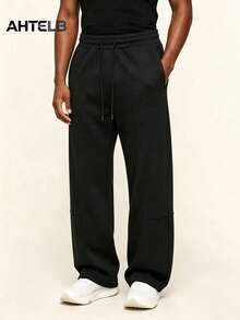 AHTELB Men's All-Season Drawstring Elastic Waist Casual Wide Leg Pants, Comfortable Fashionable Versatile Solid Color Straight Leg Trousers, Street Style Sports Casual Pants, Loose Drape Straight Leg Sweatpants, Suitable For Daily Commute, Casual Wear And Outdoor Running, Men's Clothing, Men's Pants, Men's Sportswear, Men's Gym Wear, Men's Sweatpants, For Friends, Husband, Boyfriend Gifts - Black - View 4