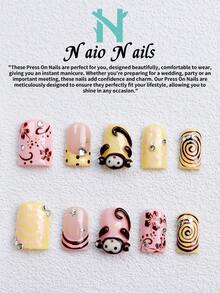 NAIO 10片/組手工穿戴式假指甲，3種尺寸：棺材形/杏仁形/短方型，Y2K可愛風，彩色卡通美甲，附3D猴子與花卉設計、漩渦與水鑽裝飾，適合女性與女孩，日常使用與派對，女士美甲禮物 - 彩色 - 查看 12