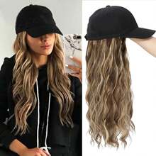 Baseball Cap Wig, Natural Wavy Hair Extensions With Hat, Heat-Resistant Synthetic Adjustable Wig, Black Cap Wig, Suitable For Women And Girls (B-M Brown Blonde) - Brown Highlight - View 1