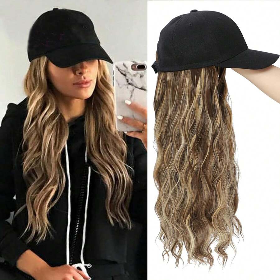 Baseball Cap Wig, Natural Wavy Hair Extensions With Hat, Heat-Resistant Synthetic Adjustable Wig, Black Cap Wig, Suitable For Women And Girls (B-M Brown Blonde) - Brown Highlight - View 1