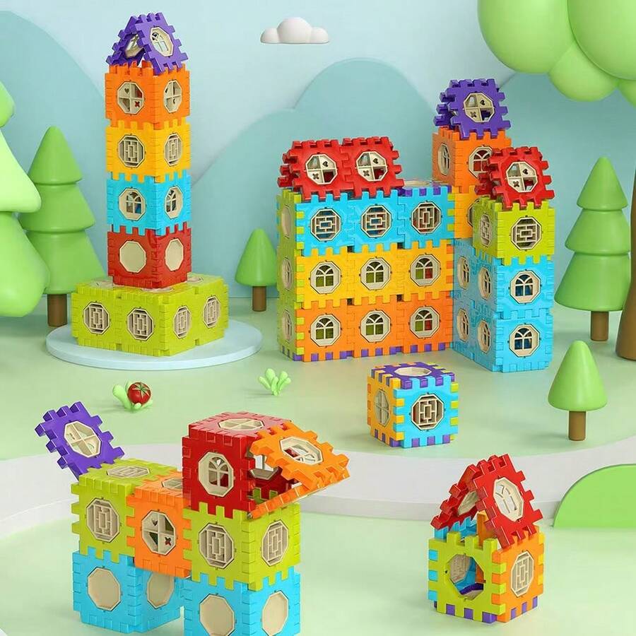 Large Size Interlocking Pull-Out Block Building Toys, Children's Assembly Plastic House Educational Toy; Slide Ball Block Children's Assembly Maze Slide Marble Educational Gift Box Toy - Multicolor - View 1