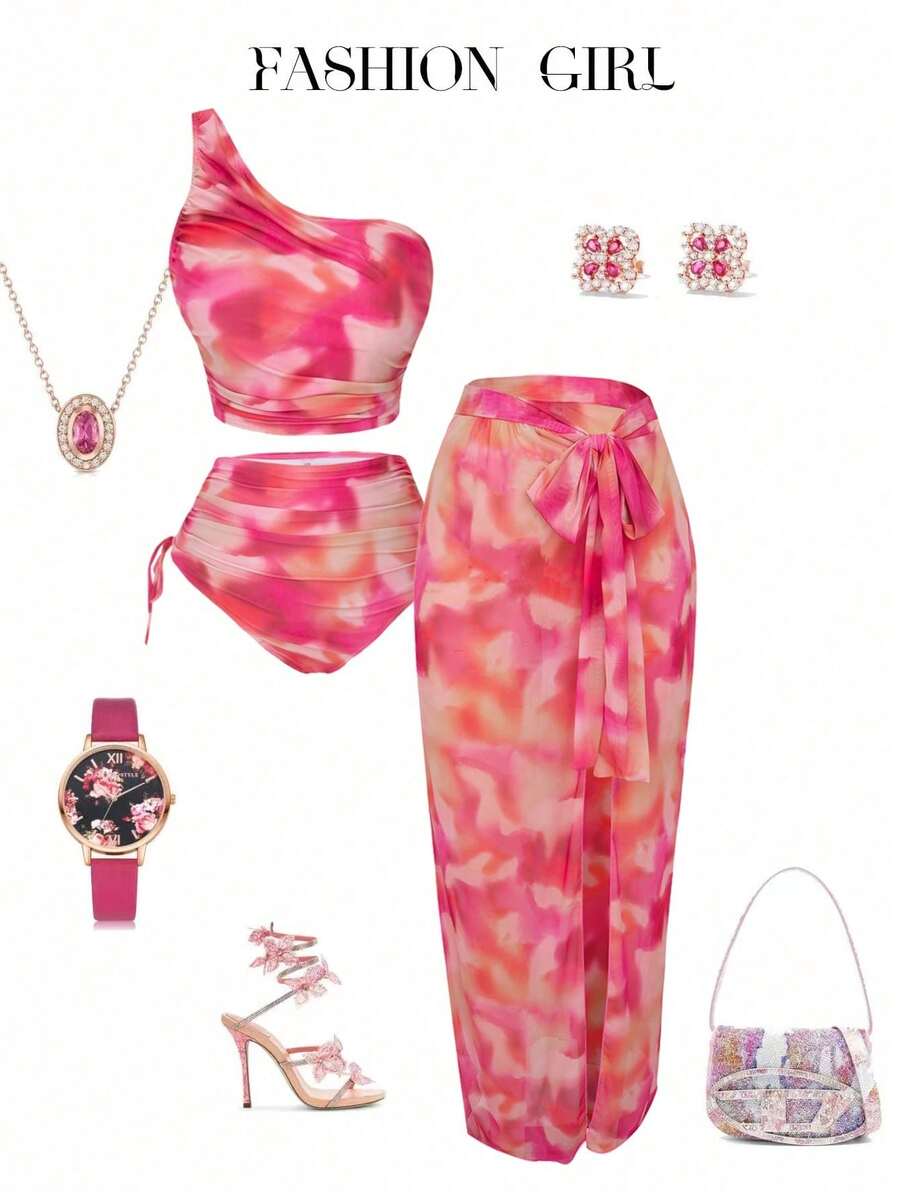 Swim Oasis Conjunto de bikini de 3 piezas con estampado floral aleatorio, hombro asimétrico y falda pareo para mujer talla grande, para vacaciones en la playa - Rosa - Ver 1