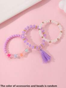 3pcs/Set Girls Cartoon Bow Colorful Beads Beaded Bracelet Set Combination Suitable For Daily Decoration - Multicolor - View 3