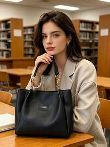 Large Capacity Chain Strap Tote Bag, Women's Minimalist PU Leather Shoulder Bag, Solid Color Commute & Daily Handbag - Black - View 6