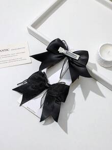 2pcs Dark Glittery Tulle Satin Bow Hair Clips, Sweet Cool Girl Side Alligator Hair Clips, Atmospheric Hair Accessory - Black - View 5