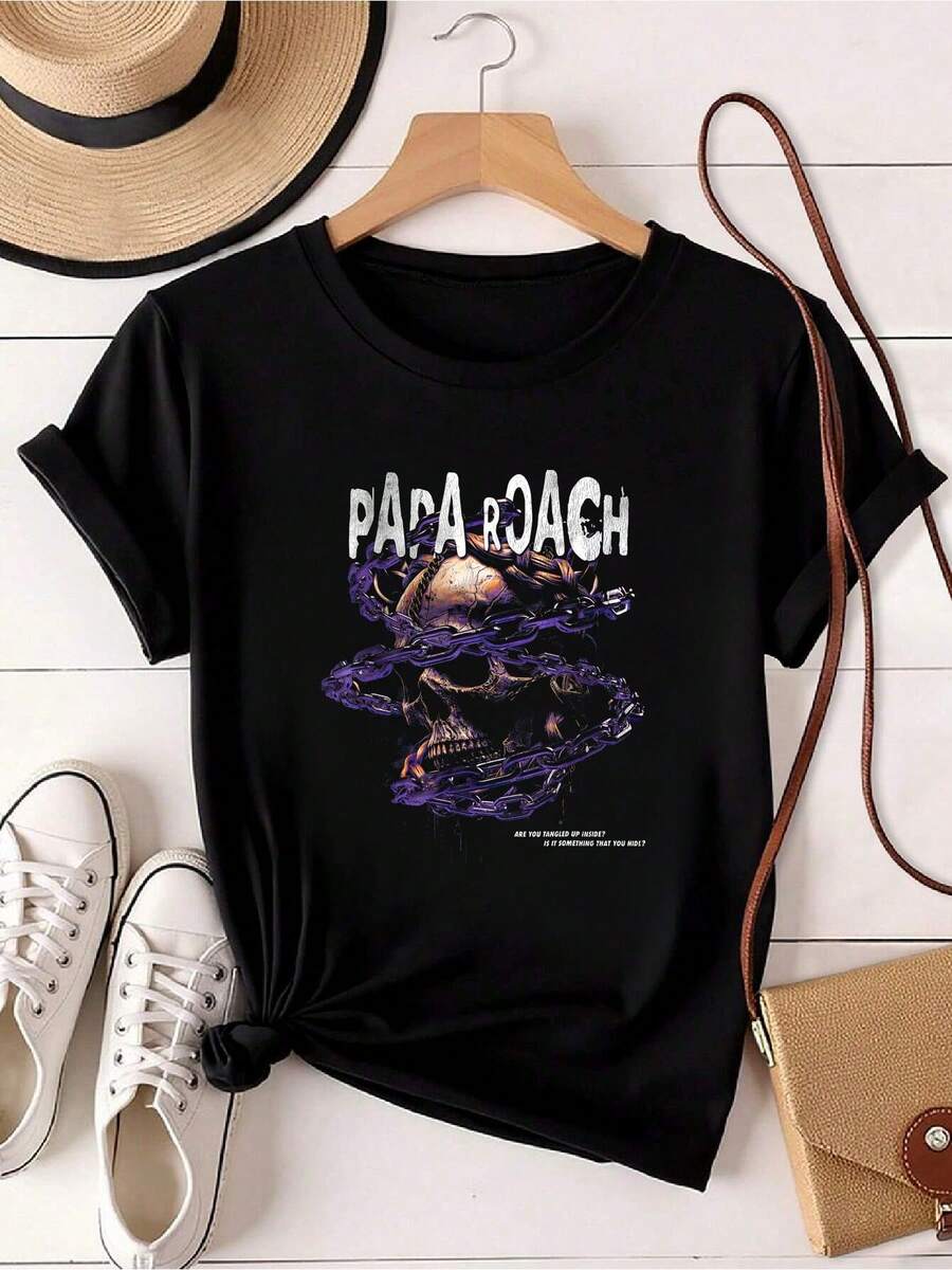 Damen-T-Shirt mit Aufdruck "Papa Roach Rock Nu Metal", Used-Look, Größe L - Schwarz - Übersicht 1