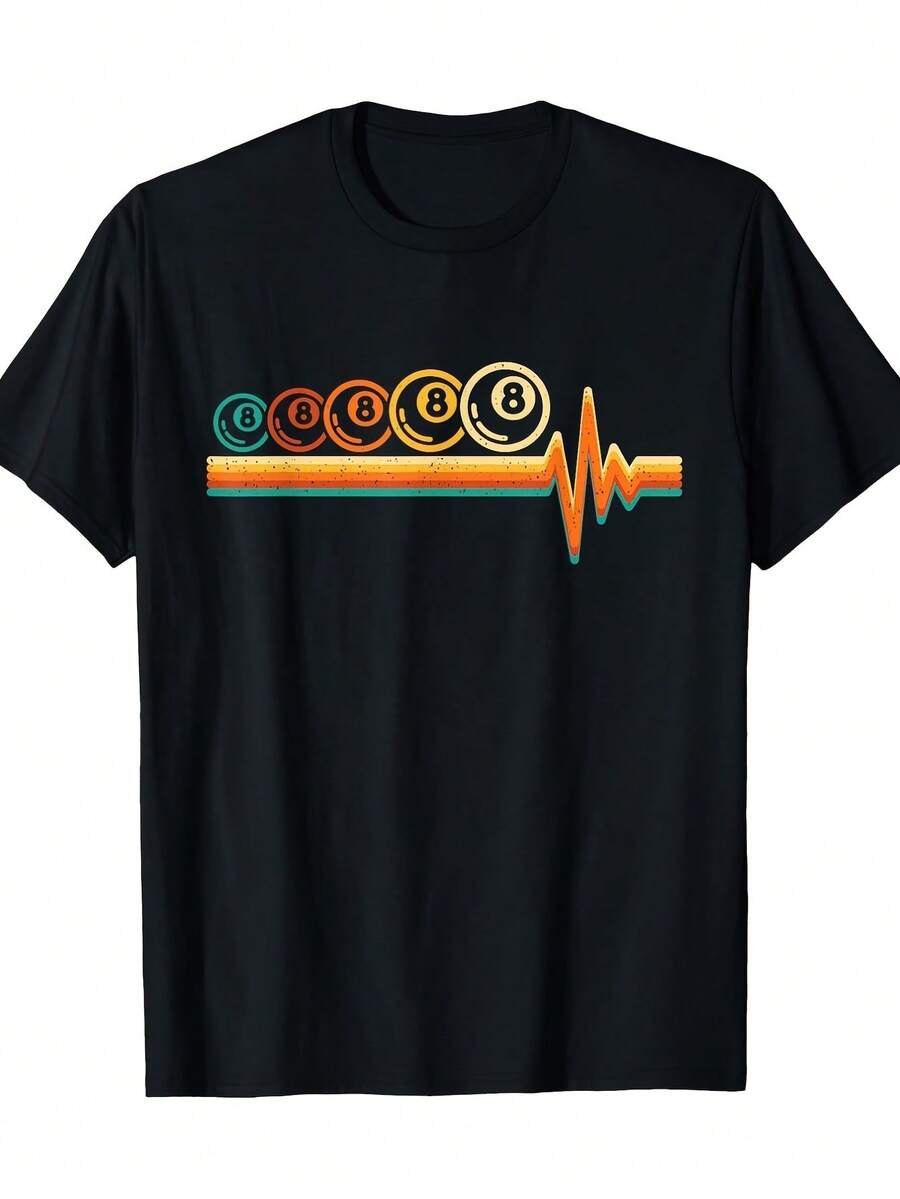 Unisex Men's Black T-Shirt 100% From Allseason Apparel - Casual Short-Sleeve T-Shirt With A Colorful Billiards Heartbeat Graphic And A Geometric Billiards Player. - 黑色 - 查看 1