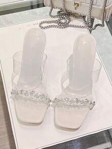 仙女风水晶装饰透明粗跟凉拖鞋，百搭绑带高跟女鞋 - 米色 - 查看 3