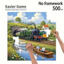 500 Pieces Adult Mini Jigsaw Puzzle Boxed - This Precision-Cut Puzzle Is Designed For Adults, High Difficulty And Scratch-Resistant. The Image Is A Beautiful Scene Of Pastoral Trains, Small Boats, And Swans, Suitable For Home Decoration, Art Collection, And A Great Gift For Halloween, Christmas And Brain Challenge, Perfect For Family Entertainment, DIY, And Helping You Enjoy Immersive Fun In The Puzzle. - Multicolor - View 3