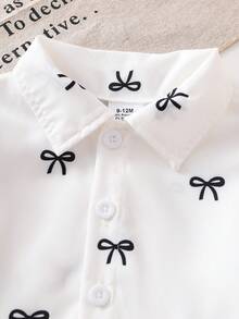 Infant Girls Autumn Casual Minimalist Bow Print Half-Button Lapel Dress + Denim Effect Button-Up Vest Outerwear Set, Soft Comfortable Elegant Fashion Sweet Outfit - White - View 4