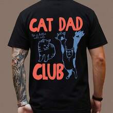 1 Stk. lässiges T-Shirt aus 100 % Baumwolle mit Katzen-Papa-Club-Kätzchen-Rückendruck, Rundhalsausschnitt, Streetstyle, Sommer, Reise, Herren, entspannte Passform, Kurzarm-Oberteil - Schwarz - Übersicht 1