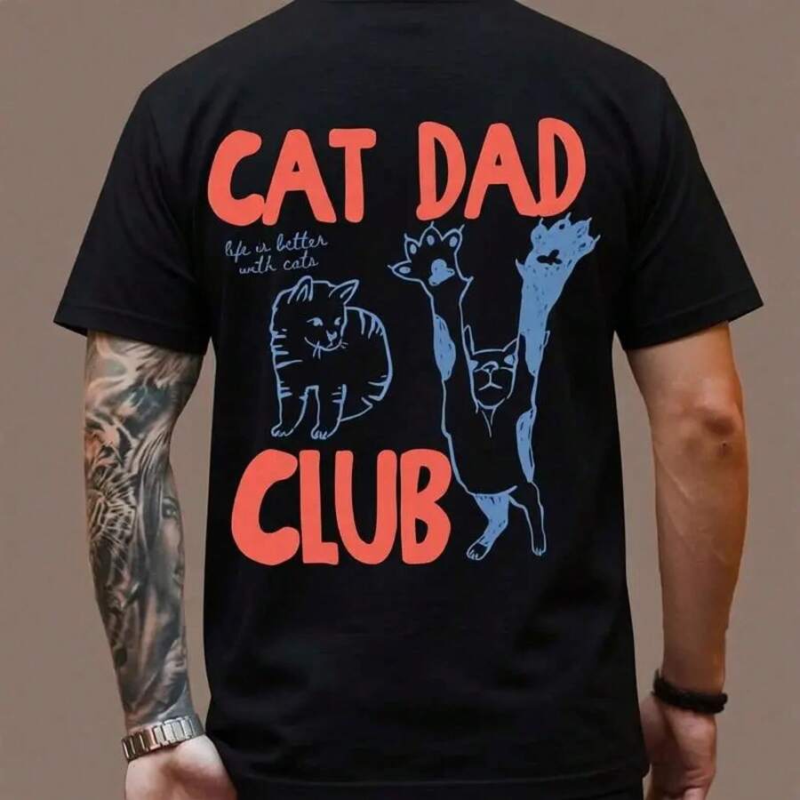 1 Stk. lässiges T-Shirt aus 100 % Baumwolle mit Katzen-Papa-Club-Kätzchen-Rückendruck, Rundhalsausschnitt, Streetstyle, Sommer, Reise, Herren, entspannte Passform, Kurzarm-Oberteil - Schwarz - Übersicht 1