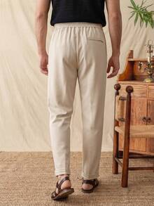 glestore Men's Retro Casual Solid Color Straight Leg Pants, Elastic Waistband Design, All Season Versatile Essential - Khaki - View 2