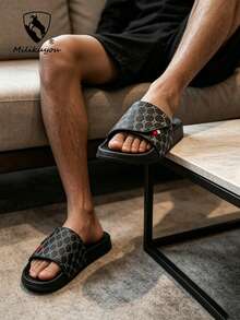 Milikuyou[ Spring/Summer New Style ]Men's Sports Slides Black Retro Pattern Durable High-End Lightweight Comfortable Open-Toe Slippers Bathroom Slippers Beach Slippers Casual Streetwear Essential Item Suitable For Beach Home Pool And Daily Wear Size: 38-48 - Grey - View 2
