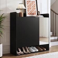 Black Shoe Cabinet With Vertical Stripes, Entryway Shoe Cabinet With Full-Length Mirror, Large Capacity Multi-Tier Shoe Rack - 黑色 - 查看 2