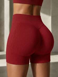 FWH #Slimming & Shaping# 女款無縫運動短褲，彈性腰帶，3D 抓皺設計，舒適彈性腰部，提臀抓皺修身，強化臀部線條，自由活動，休閒日常運動健身跑步無束縛，女款休閒提臀運動短褲 - 紅色 - 查看 4