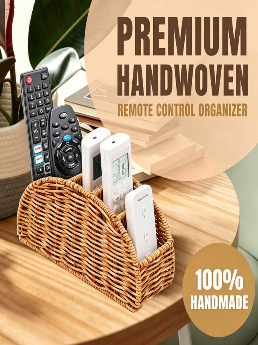 1pc Faux Rattan Remote Control Compartment Organizer, Multifunctional Desk Storage Box, 2 Styles Available, Durable Plastic Material, Suitable For Makeup Brushes, Office Supplies, Storage, Dorm Organization, Decorative Ornament