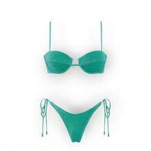 Women's Glossy String Bikini Set Soild Swimsuit Women's Fashion Bikini Green Halter Sport Swimsuit Beach Vacation Low Cut Shiny - 綠+紅 - 查看 2