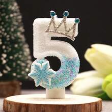 1 pièce Bougie d'anniversaire stylisée en forme de chiffre, décoration de gâteau avec paillettes bleues, flocon de neige et couronne, bougie de décoration de fête d'anniversaire thème princesse - Blanc - Voir 14