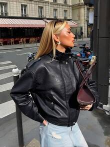 Giolshon Street Rider Style Retro PU Leather Jacket For Women - Suitable For Spring, Autumn And Winter - Black - View 1